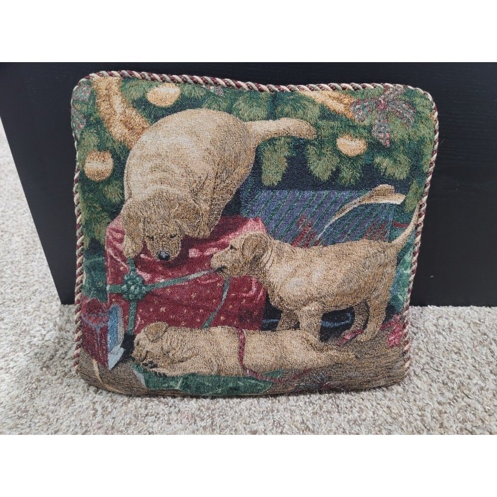 VINTAGE LAB PUPPIES DOG CHRISTMAS TAPESTRY PILLOW BY MIA LANE. PRESENTS 14" .